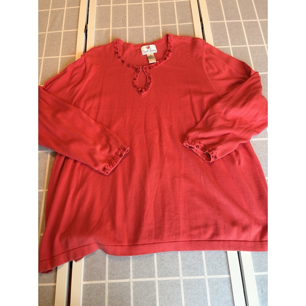 Quacker Factory Sweater Beaded Embellished Festival Coral‎ Women 2X 100% Cotton